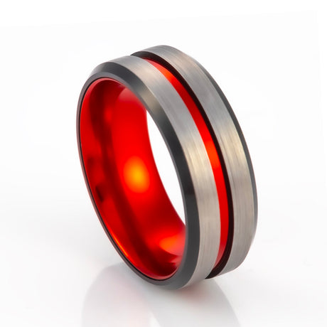 8mm - Red Tungsten Ring Black beveled edges w/ Brushed center wedding band