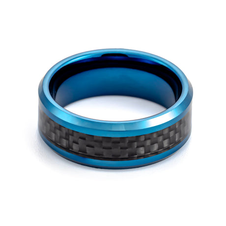 8mm Blue Tungsten Carbide Wedding Band With Black Carbon Fiber Inlay
