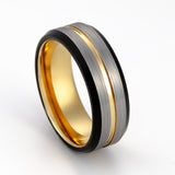 8mm- Gold Tungsten Carbide Wedding Ring w/ Brushed Center w/ black beveled edges