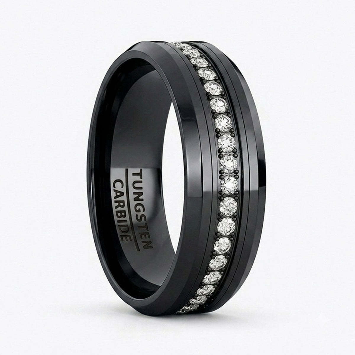 Blackout Crown 8mm Black Tungsten Wedding Band with White CZ Stones