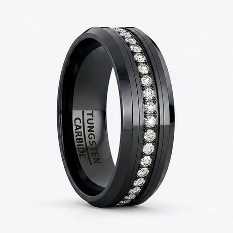 Blackout Crown 8mm Black Tungsten Wedding Band with White CZ Stones