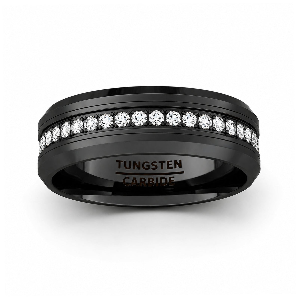 Blackout Crown 8mm Black Tungsten Wedding Band with White CZ Stones