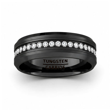Blackout Crown 8mm Black Tungsten Wedding Band with White CZ Stones