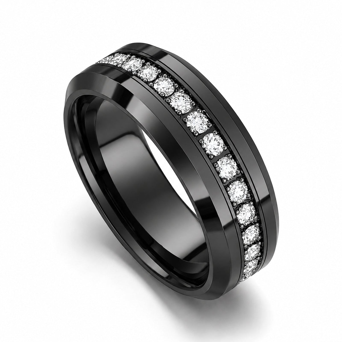 Blackout Crown 8mm Black Tungsten Wedding Band with White CZ Stones