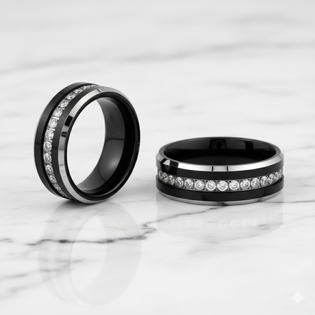 8MM - TUNGSTEN WEDDING BAND Polished Edges CUBIC ZIRCON BEVELED EDGE