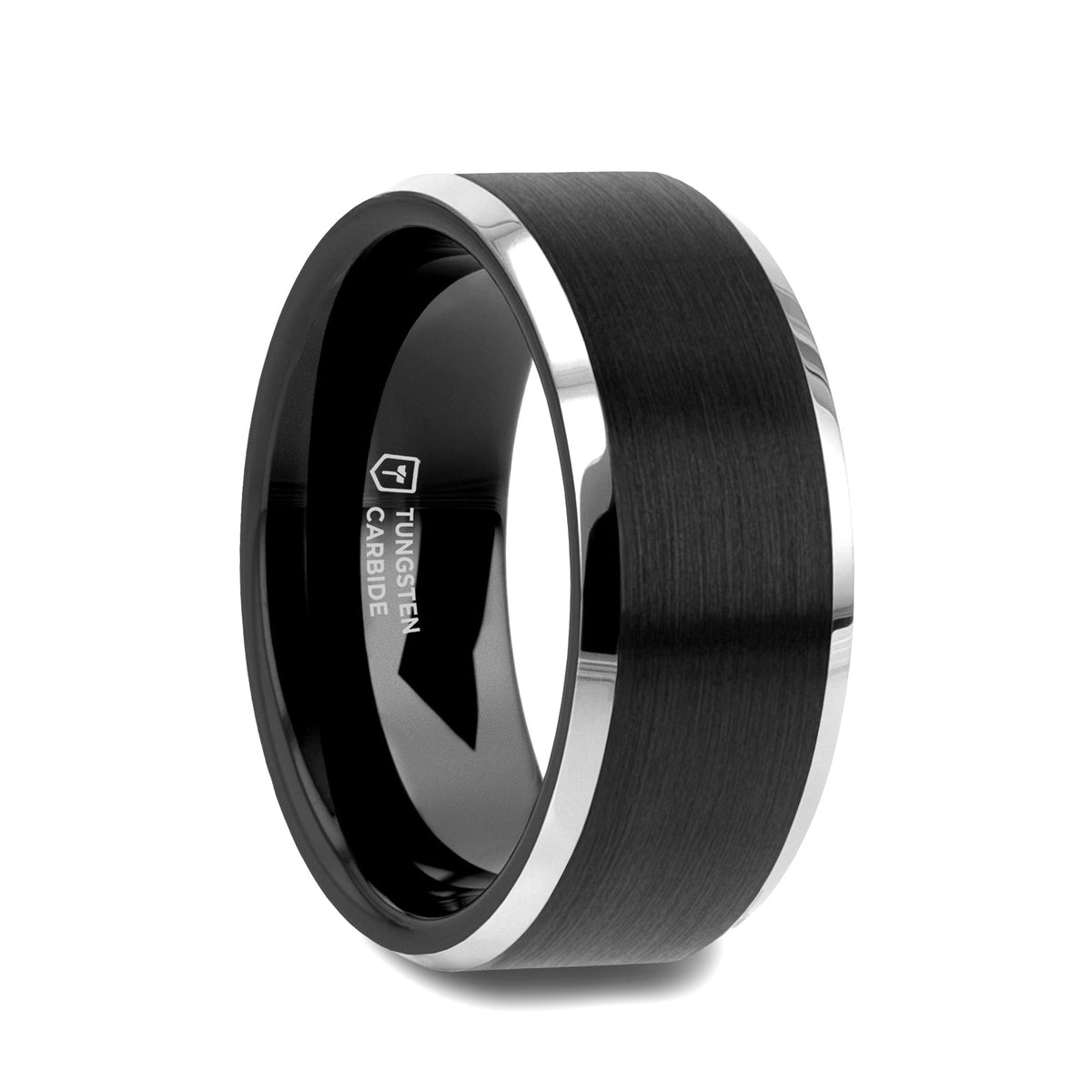 ASTON Black Brushed Center Tungsten Ring with Polished Beveled Edges - 4mm - 10mm