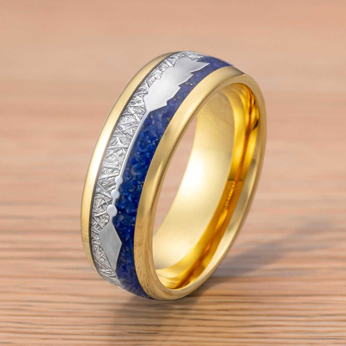 8mm- Yellow GOLD TUNGSTEN ARROW RING W/ BLUE LAPIS LAZULI, FAUX METEORITE