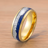 8mm- Yellow GOLD TUNGSTEN ARROW RING W/ BLUE LAPIS LAZULI, FAUX METEORITE