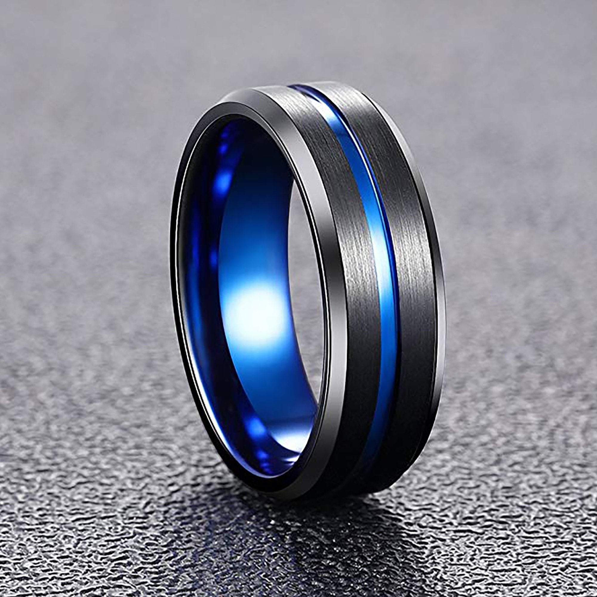 8mm - Black Blue Tungsten Carbide Ring Center Groove Beveled Edges Wedding Band