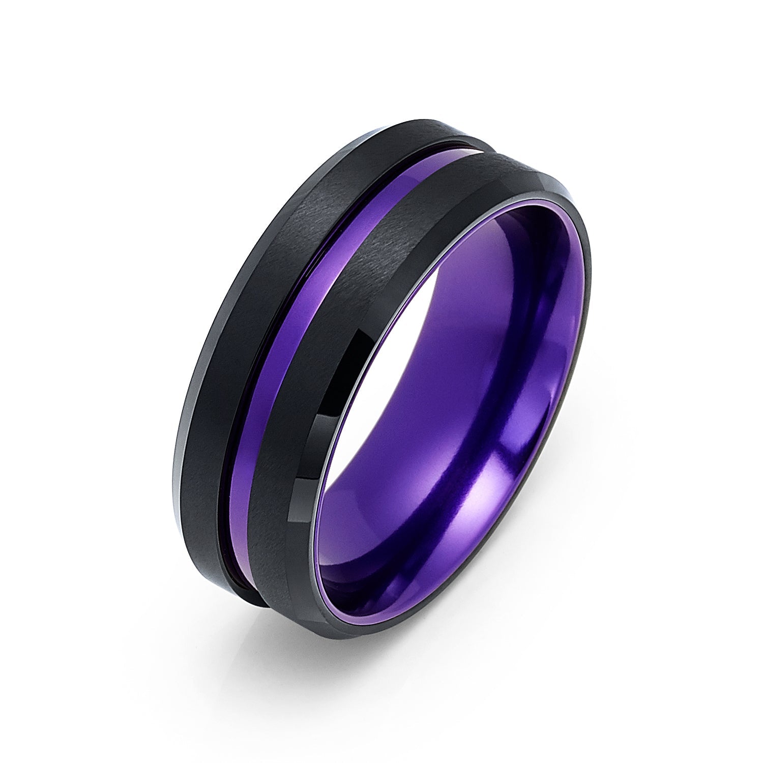 8mm - Black & Purple Tungsten Ring Matte Finish Beveled Edges Wedding Band Purple Inlay