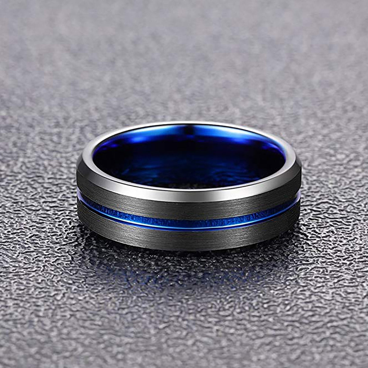 8mm - Black Blue Tungsten Carbide Ring Center Groove Beveled Edges Wedding Band