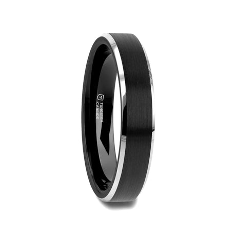 ASTON Black Brushed Center Tungsten Ring with Polished Beveled Edges - 4mm - 10mm