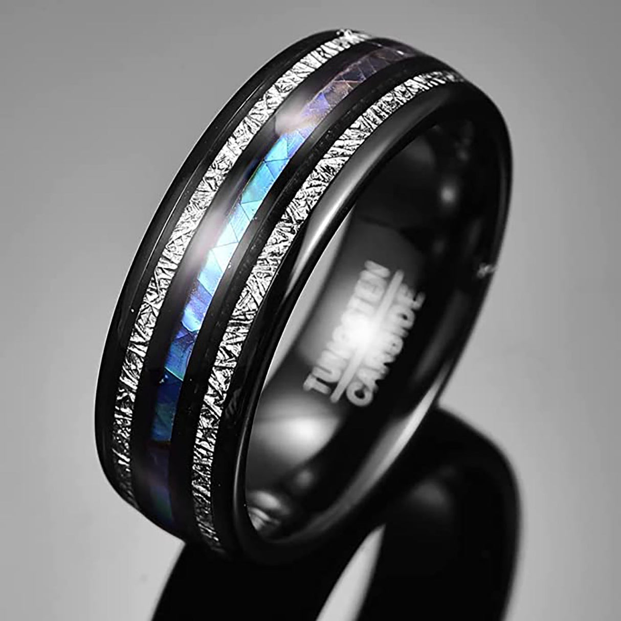 8mm - Mens Domed Tungsten Meteorite Ring, W/ Abalone Shell Inlay