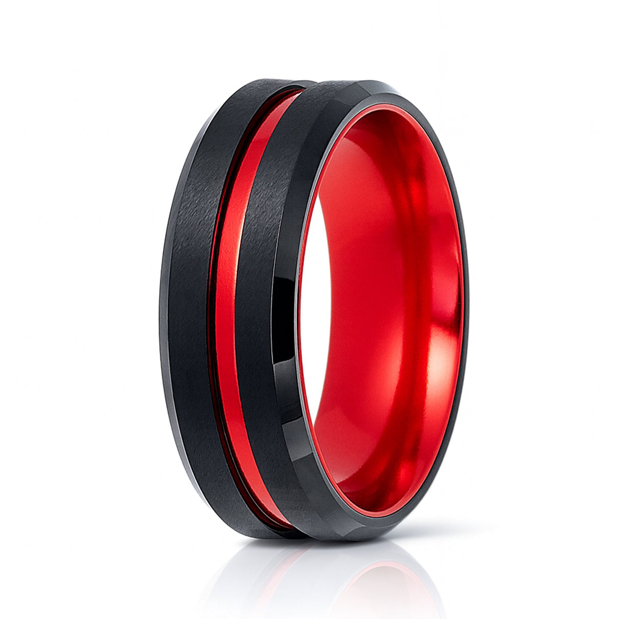 8mm - Black & Red Brush Matte Finish Tungsten Carbide Ring Beveled Edge Red Inlay Wedding Band