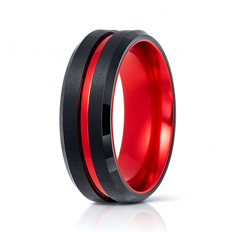 8mm - Black & Red Brush Matte Finish Tungsten Carbide Ring Beveled Edge Red Inlay Wedding Band