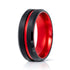 8mm - Black & Red Brush Matte Finish Tungsten Carbide Ring Beveled Edge Red Inlay Wedding Band