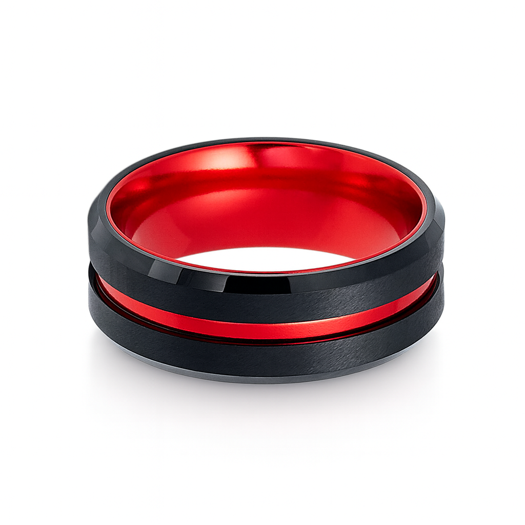 8mm - Black & Red Brush Matte Finish Tungsten Carbide Ring Beveled Edge Red Inlay Wedding Band