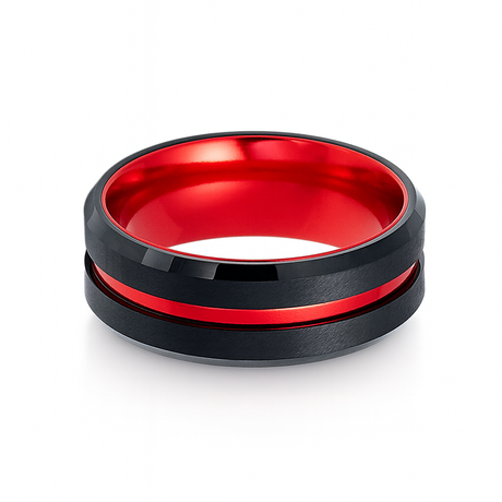 8mm - Black & Red Brush Matte Finish Tungsten Carbide Ring Beveled Edge Red Inlay Wedding Band
