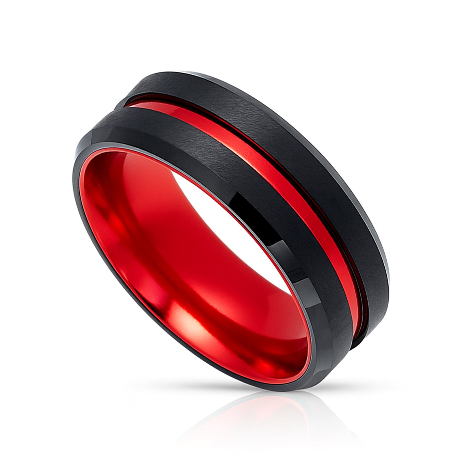 8mm - Black & Red Brush Matte Finish Tungsten Carbide Ring Beveled Edge Red Inlay Wedding Band