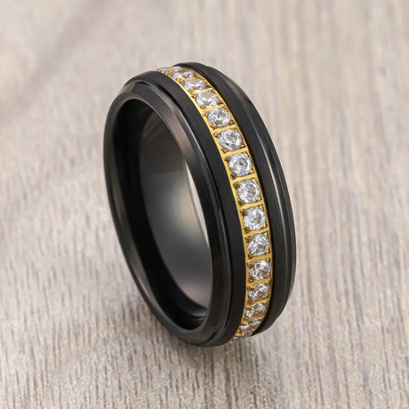 8mm - Black & Gold Tungsten Wedding Band, W/ White Diamonds