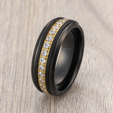 8mm - Black & Gold Tungsten Wedding Band, W/ White Diamonds