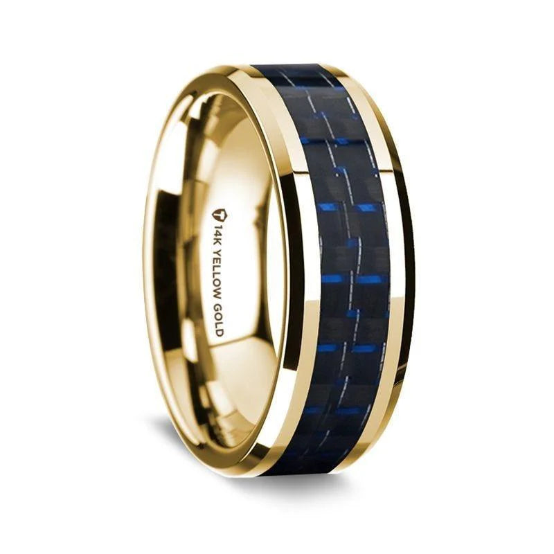 14K Yellow Gold Polished Beveled Edges W/ Black & Dark Blue Carbon Fiber Inlay 8mm