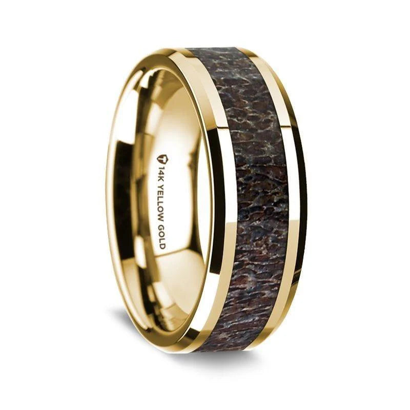 14K Yellow Gold Polished Beveled Edges W/ Dark Deer Antler Inlay - 8mm