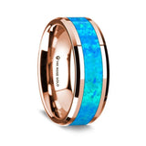 14K Rose Gold Polished Beveled Edges W/ Blue Opal Inlay - 8mm