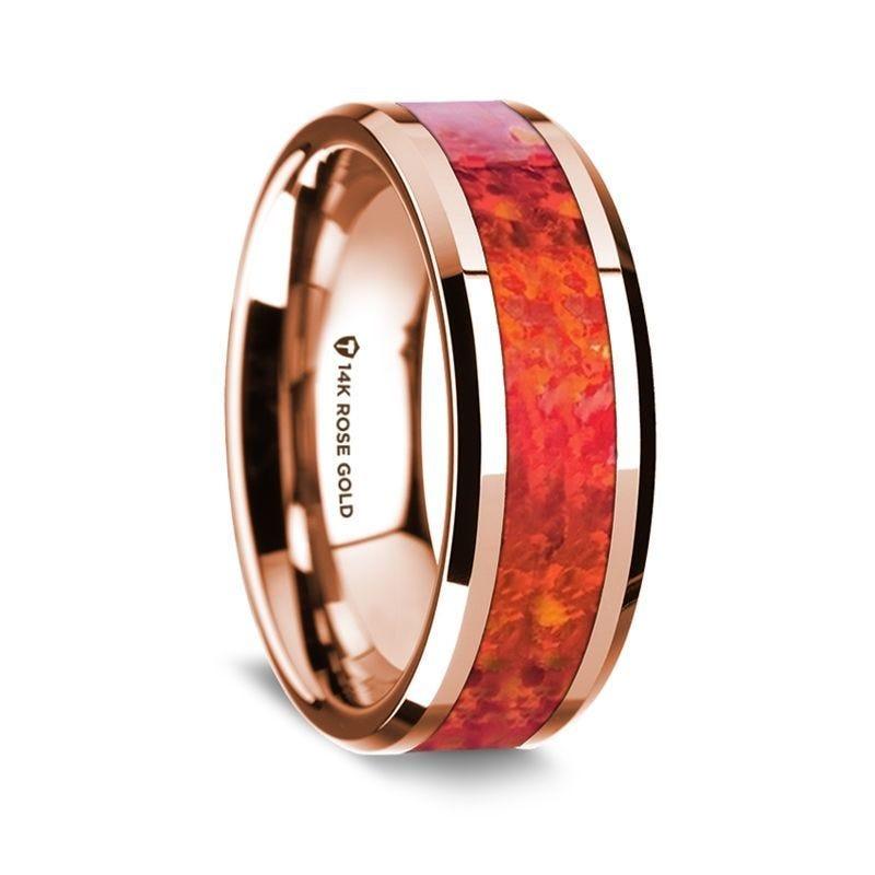 14k Rose Gold Polished Beveled Edges W/ Red Opal Inlay - 8 mm