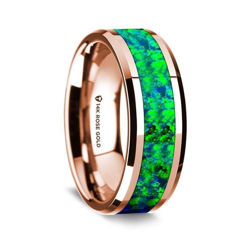 14k Rose Gold Polished Beveled Edges W/ Blue and Green Opal Inlay - 8mm