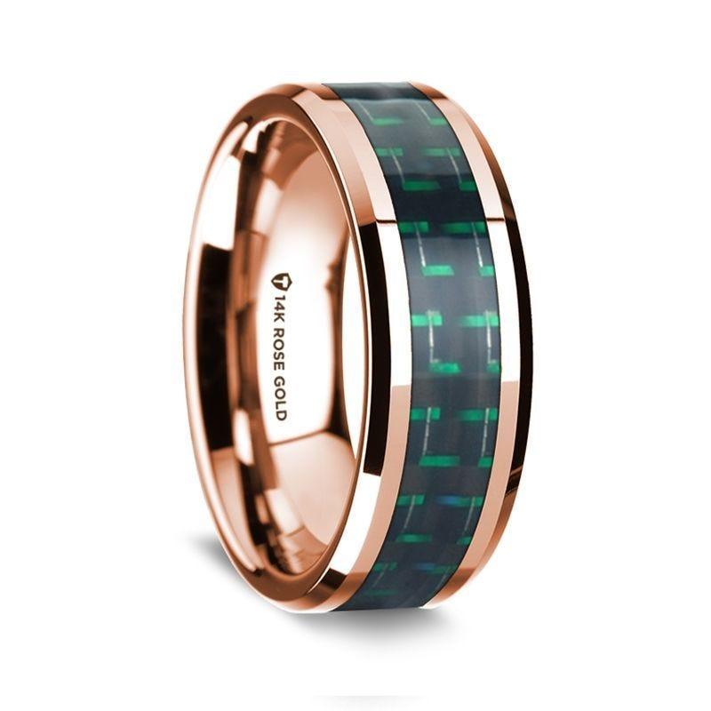 14k Rose Gold Beveled Edges W/ Black and Green Carbon Fiber Inlay - 8mm