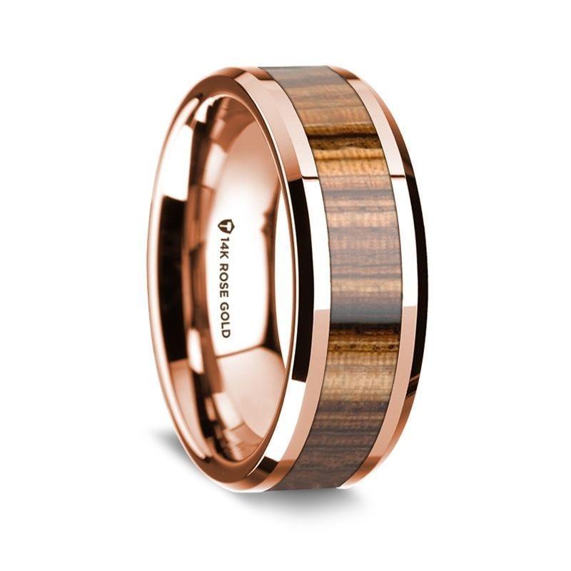 14k Rose Gold Polished Beveled Edges W/ Zebra Wood Inlay - 8mm
