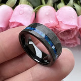 8mm - Black Tungsten Ring, Blue Opal Hammered wedding Ring, Brushed Finish