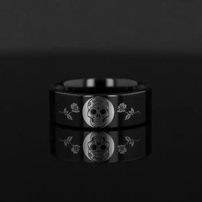 Day of the Dead Skull Engraved Print Flat Polished Black Tungsten Ring (Morpheus) - 10mm - 12mm