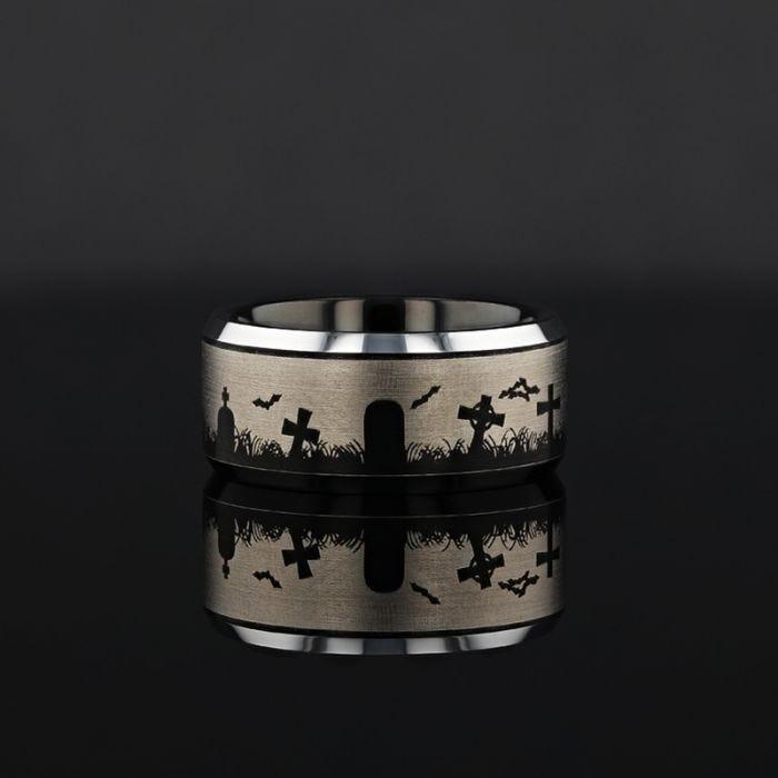 Aston Inverted Graveyard Halloween Engraved Black Tungsten Ring with Polished Beveled Edges 4mm - 10mm
