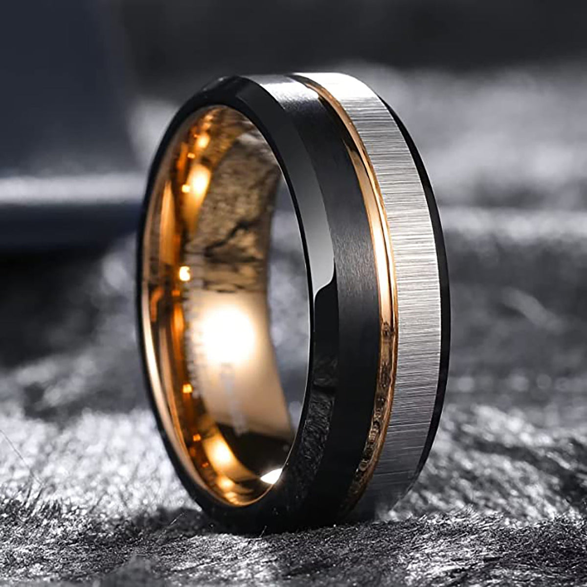 BLACKFORGE – Black & Gold Brushed Tungsten Ring – 8mm