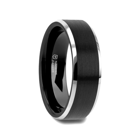 ASTON Black Brushed Center Tungsten Ring with Polished Beveled Edges - 10mm