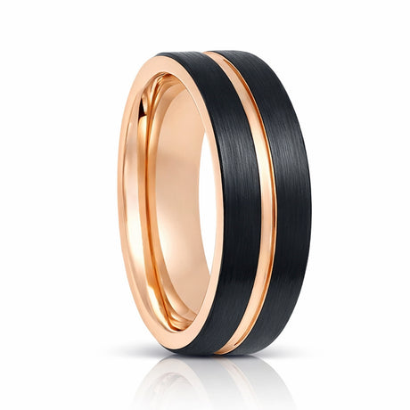 8mm Black & Rose Gold Tungsten Carbide Wedding Ring with Rose Gold Groove