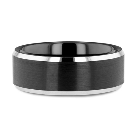 ASTON Black Brushed Center Tungsten Ring with Polished Beveled Edges - 10mm