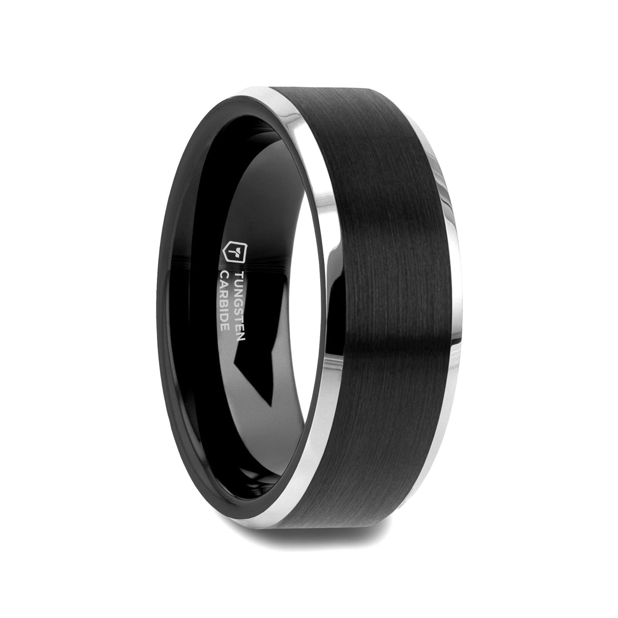 ASTON Black Brushed Center Tungsten Ring with Polished Beveled Edges - 10mm