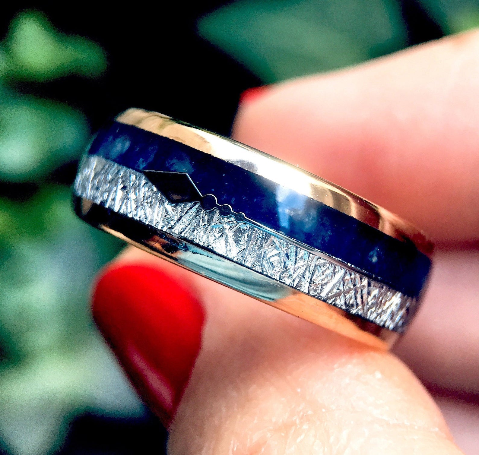 8mm- ROSE GOLD TUNGSTEN ARROW RING W/ BLUE LAPIS LAZULI, FAUX METEORITE,