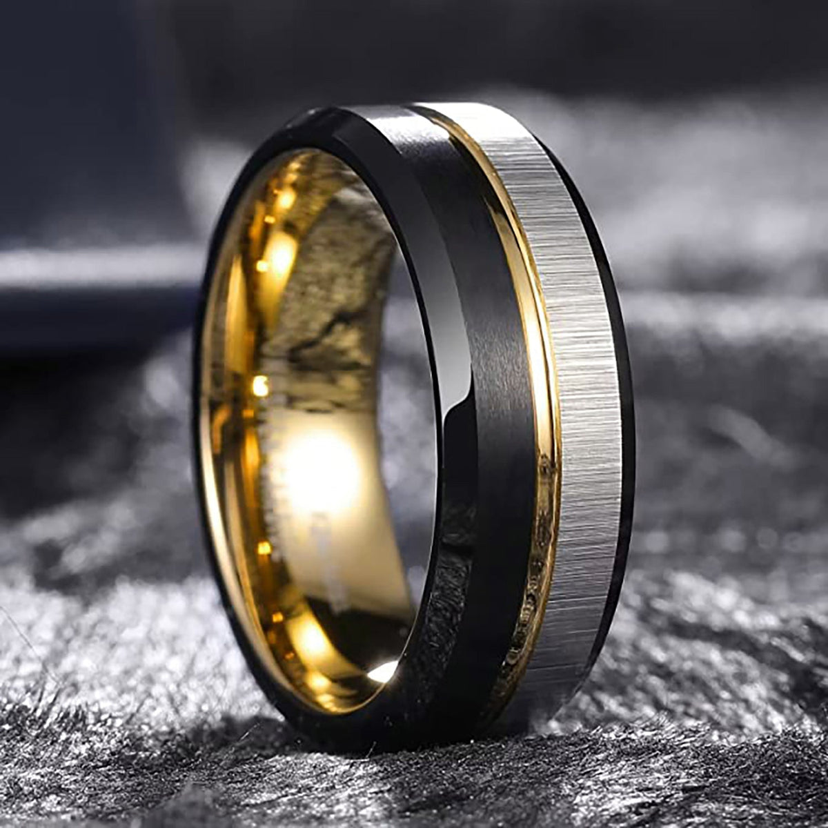 BLACKFORGE – Black & Gold Brushed Tungsten Ring – 8mm