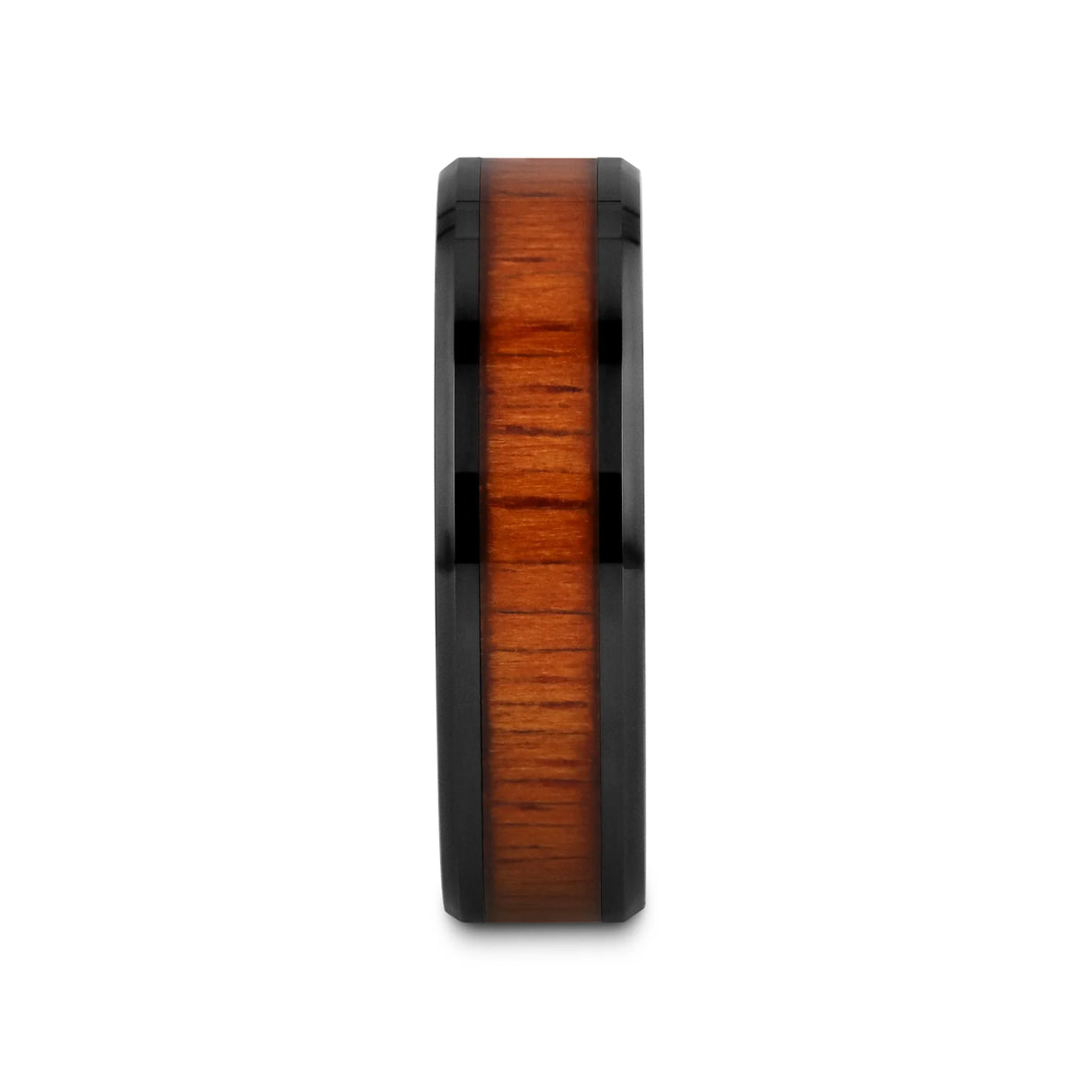 ACACIA Koa Wood Inlaid Black Ceramic Ring with Bevels - 4mm - 8mm