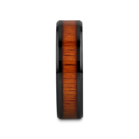 ACACIA Koa Wood Inlaid Black Ceramic Ring with Bevels - 4mm - 8mm