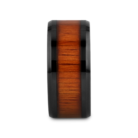 ACACIA Koa Wood Inlaid Black Ceramic Ring with Bevels - 10mm - 12mm