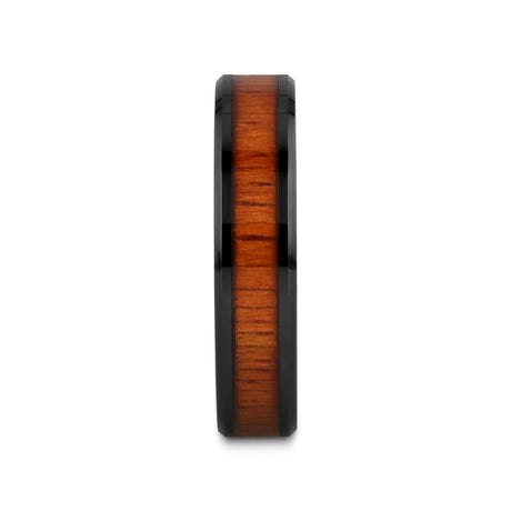 ACACIA Koa Wood Inlaid Black Ceramic Ring with Bevels - 4mm - 8mm