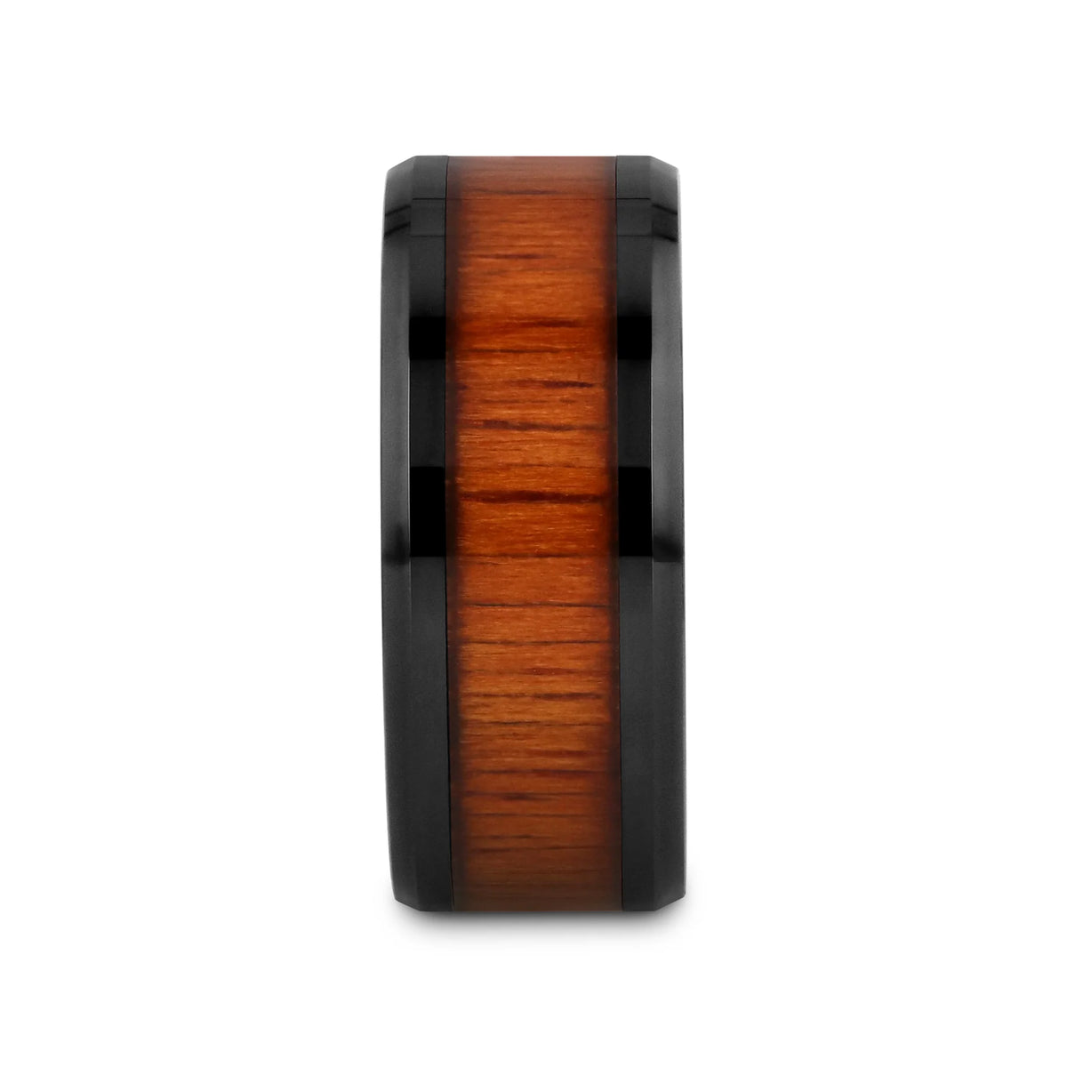ACACIA Koa Wood Inlaid Black Ceramic Ring with Bevels - 10mm - 12mm