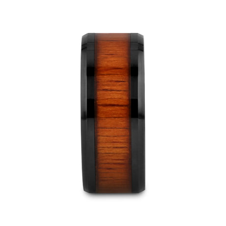 ACACIA Koa Wood Inlaid Black Ceramic Ring with Bevels - 10mm - 12mm