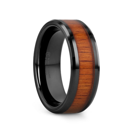 ACACIA Koa Wood Inlaid Black Ceramic Ring with Bevels - 4mm - 8mm