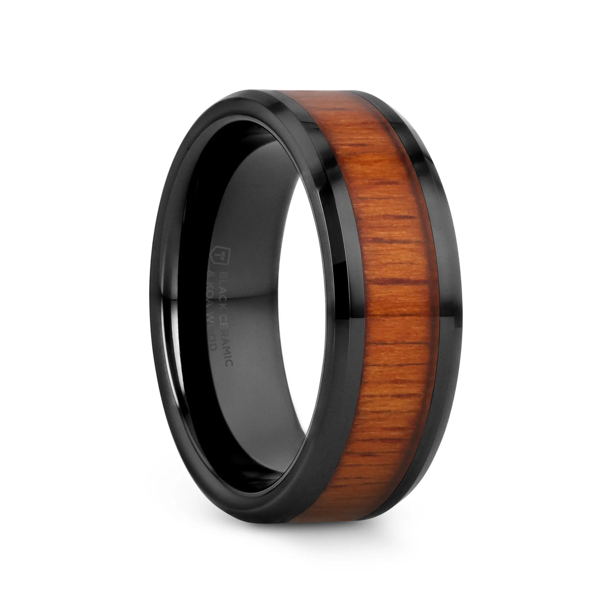 ACACIA Koa Wood Inlaid Black Ceramic Ring with Bevels - 4mm - 8mm